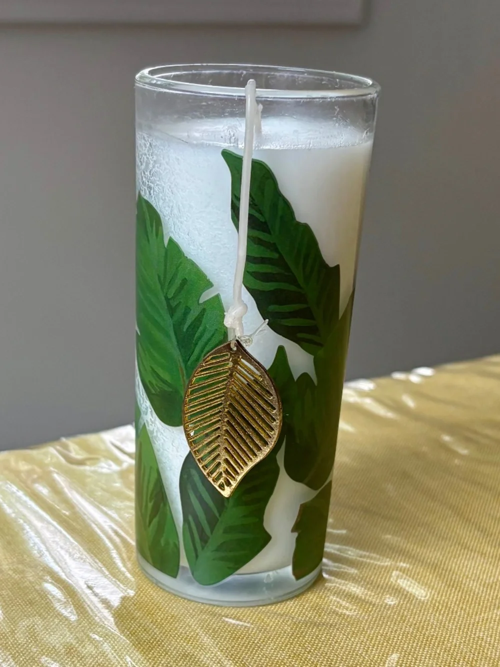 Pier 1 White Pillar Amazon Nectar Candle with Tropical Leaf Design and Charm